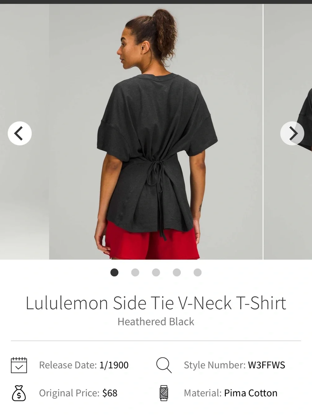 #386 Lululemon Side Tie V-Neck Tee Heathered Black Size 4 NWT Pima Cotton